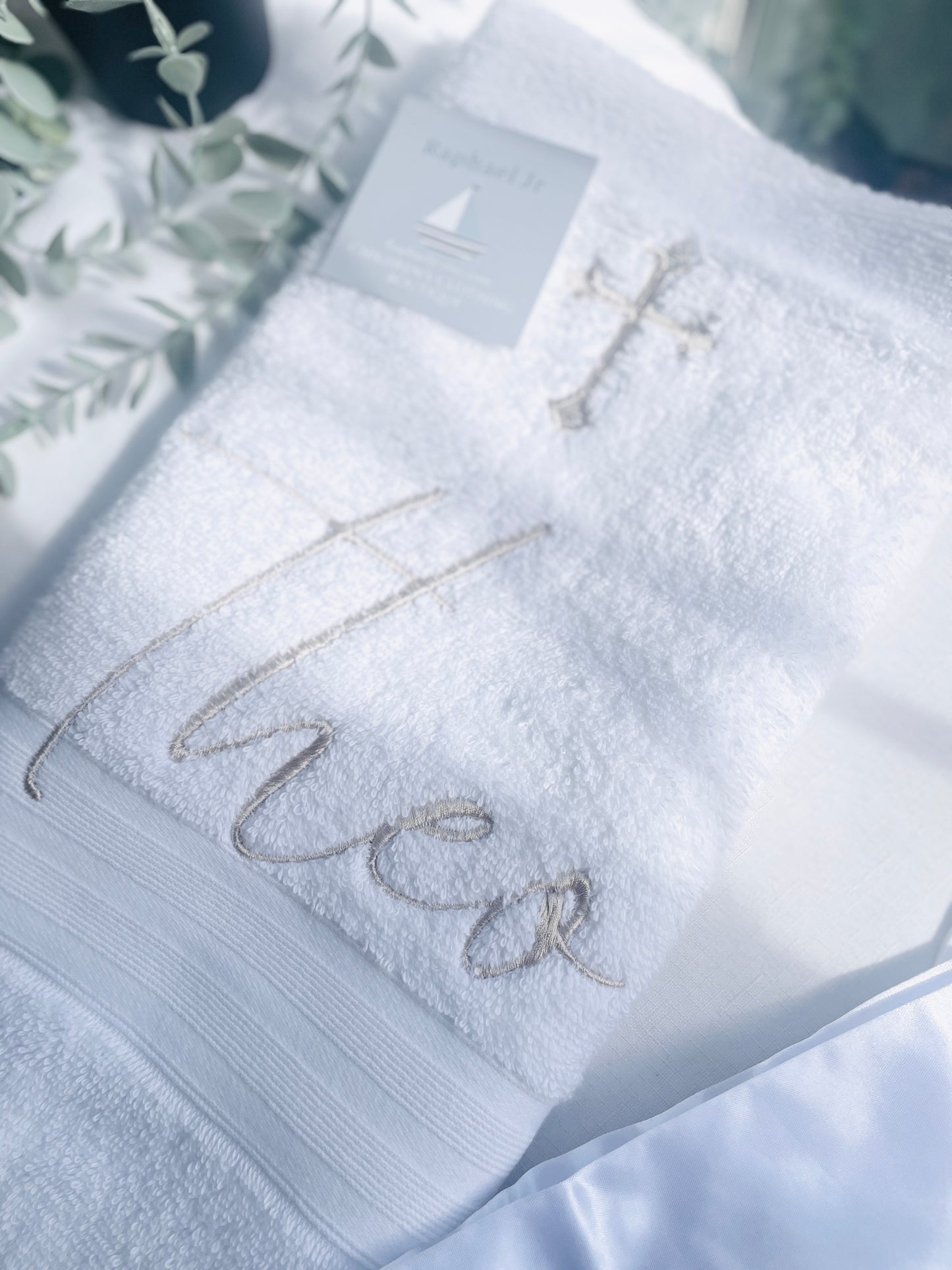 Personalised baptism christening hand towel with embroidery and optional bib