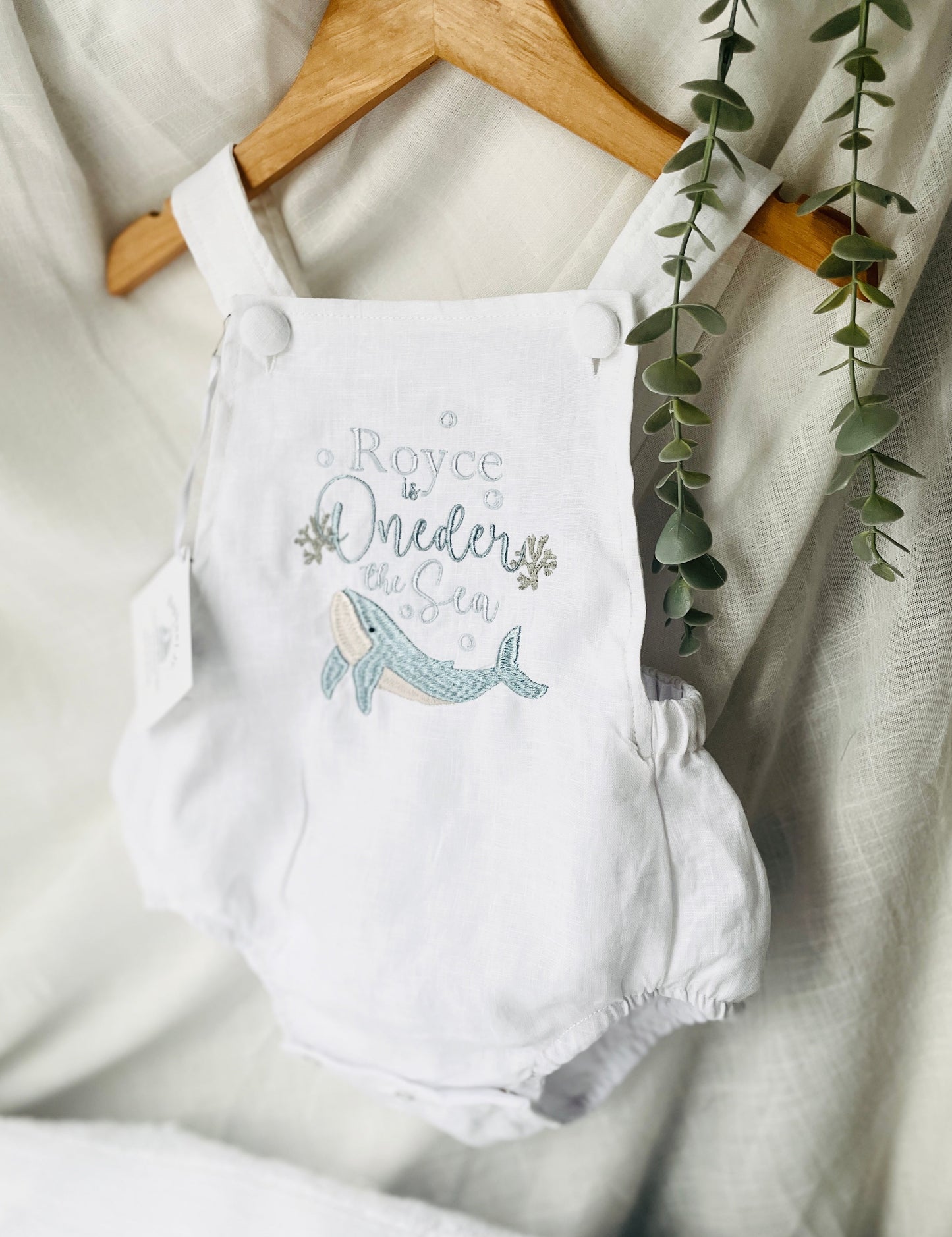 Boys Beige Linen First Birthday romper overalls wild one safari