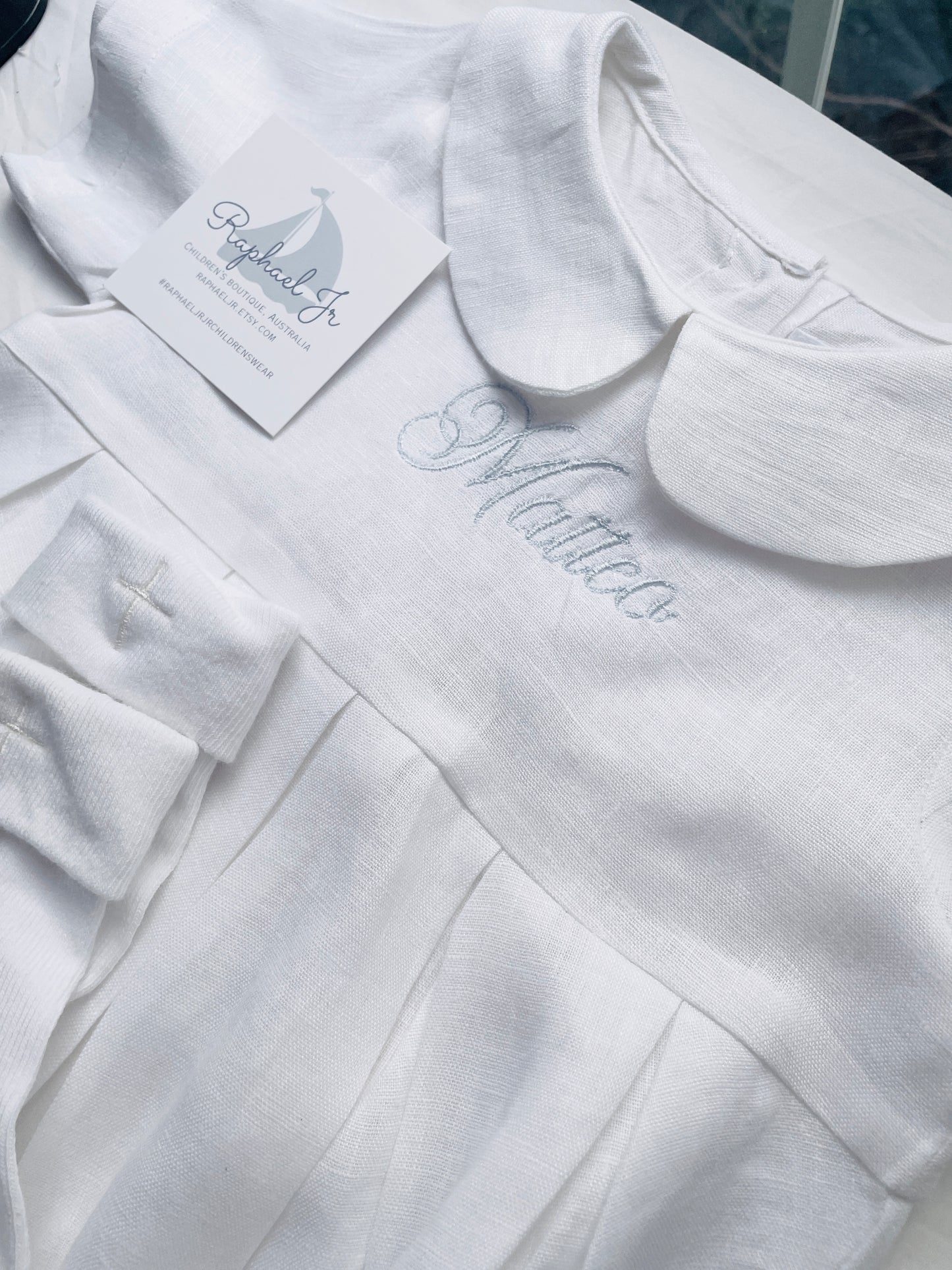 Linen Baptism romper short-all outfit with optional embroidery customisation