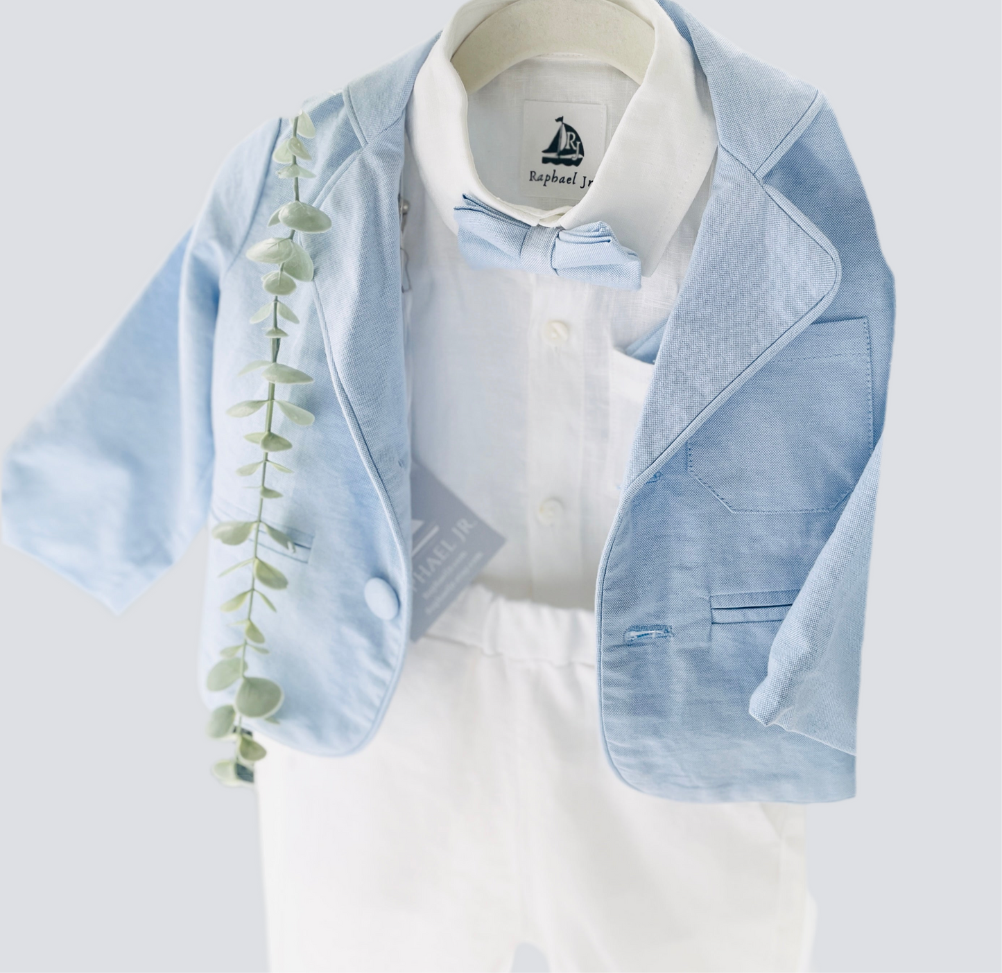 White and blue linen Baptism or Wedding Suit with Accessories and Embroidery Available