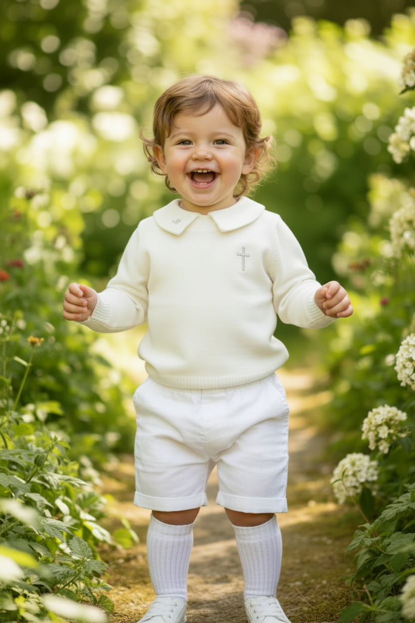 Baptism outfit with cotton onesie and jumper and linen bloomers