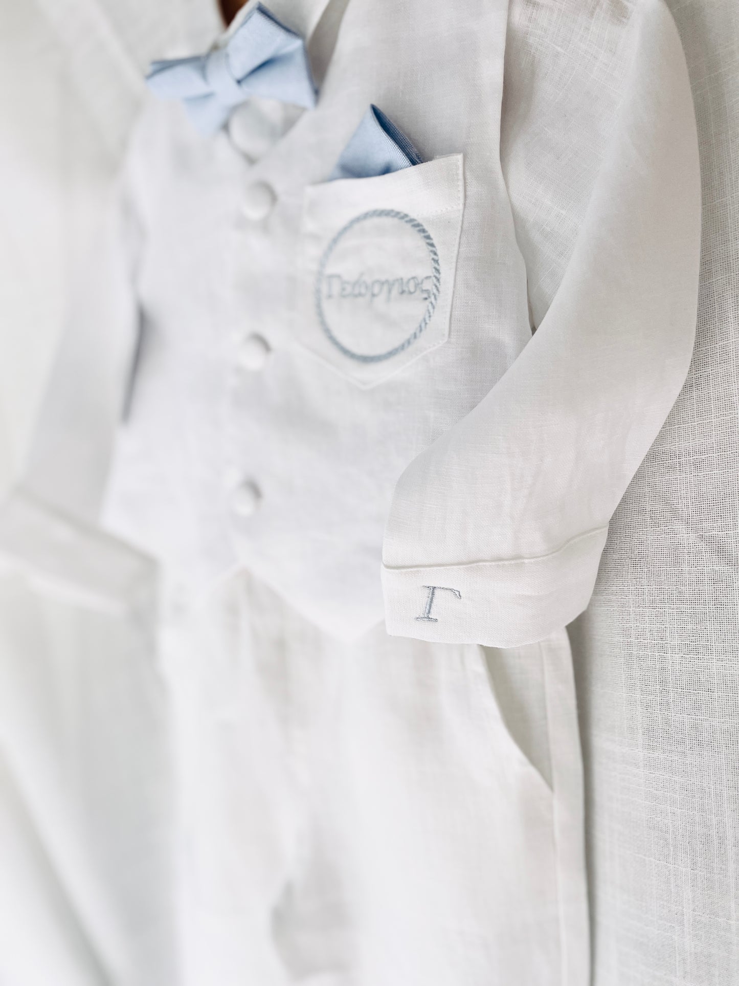 Baby and Toddler Boys white linen full length set with vest, shirt, pants, suspenders and bowtie