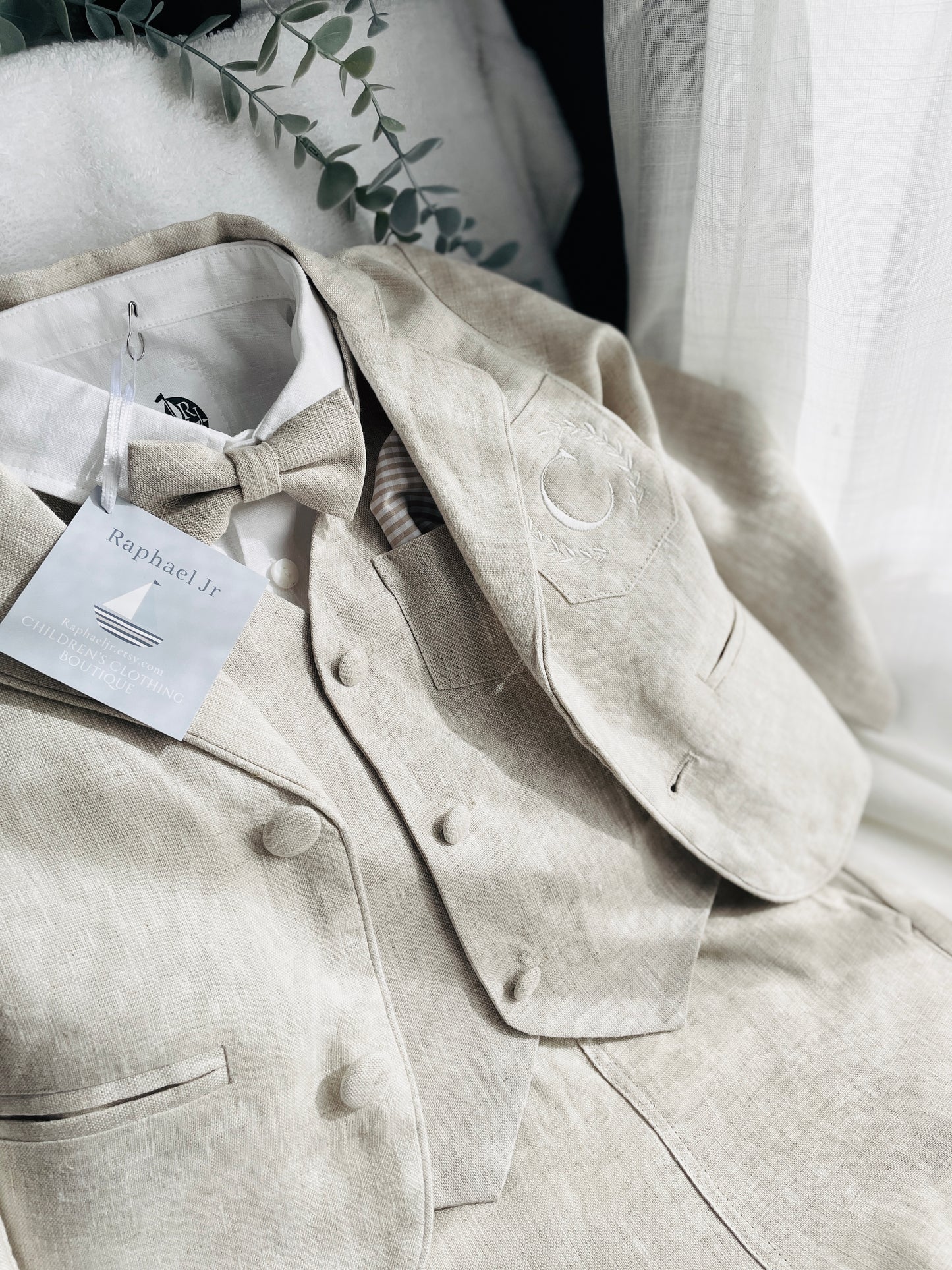 Beige linen set with vest, shirt, pants, suspenders and bowtie plus optional jacket, cap and shoes