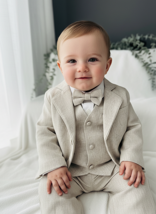 Beige Christening Outfit with vest, shirt, pants, suspenders and bowtie plus optional jacket, cap and shoes