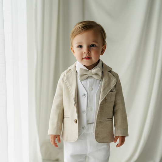 Boys White and Beige linen set with vest, shirt, pants, suspenders and bowtie plus optional jacket, cap and shoes
