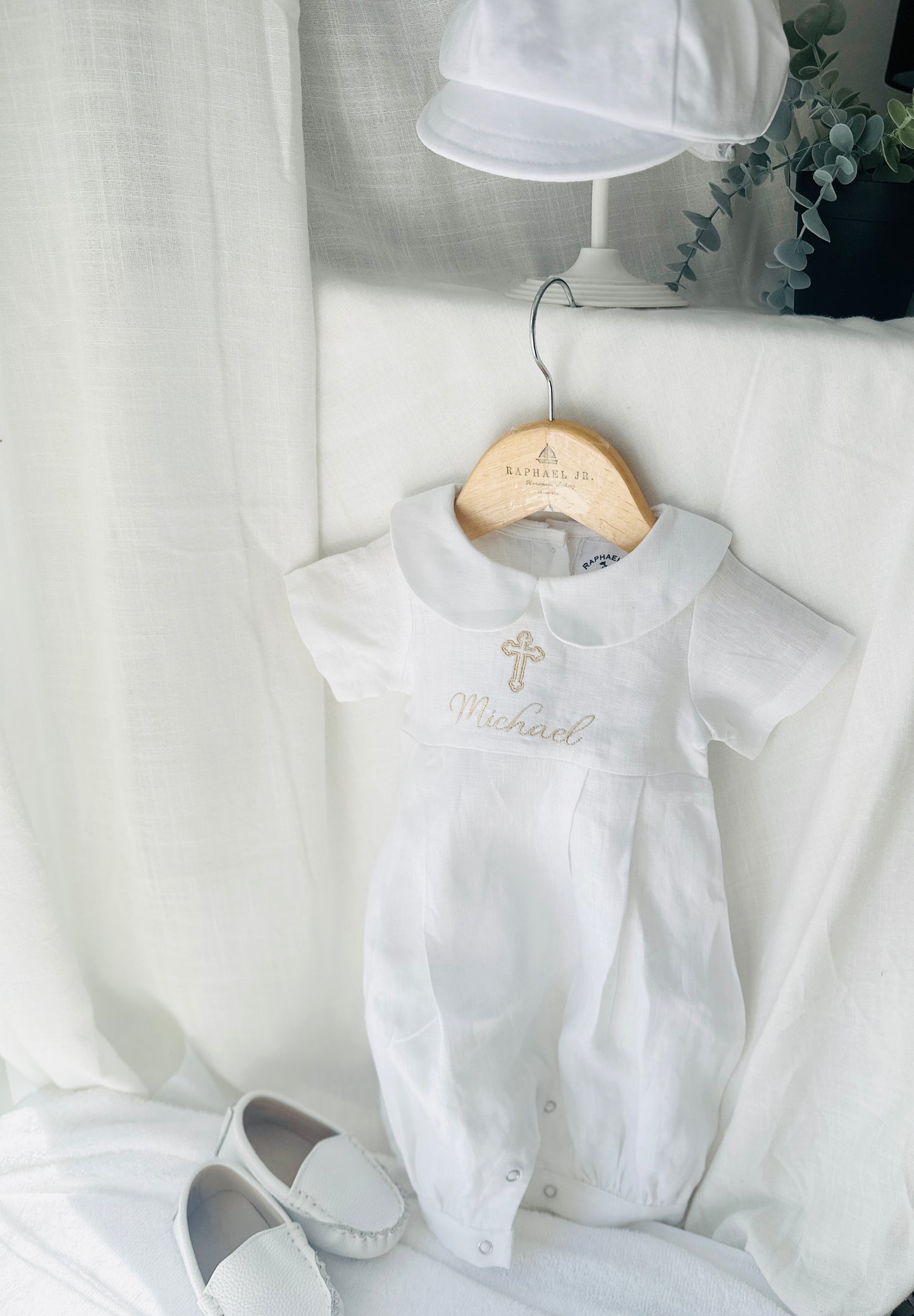 Linen Baptism 3/4 length jumpsuit with optional cardigan and embroidery