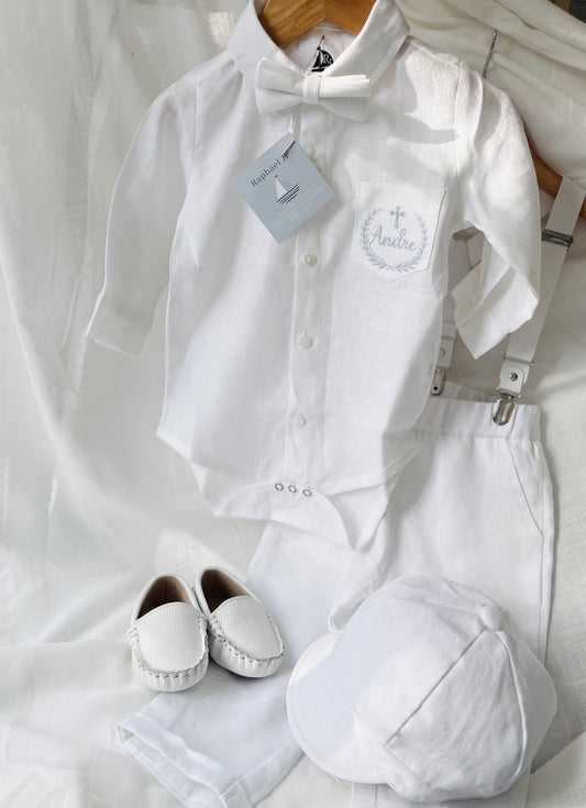White linen Baptism suit set with pants, shirt, suspenders and bowtie plus optional extras