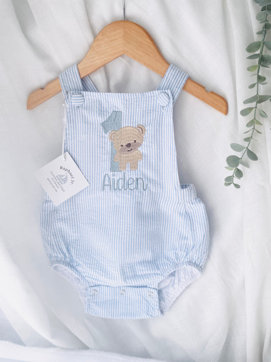 Boys Blue Seersucker teddy bear First Birthday romper