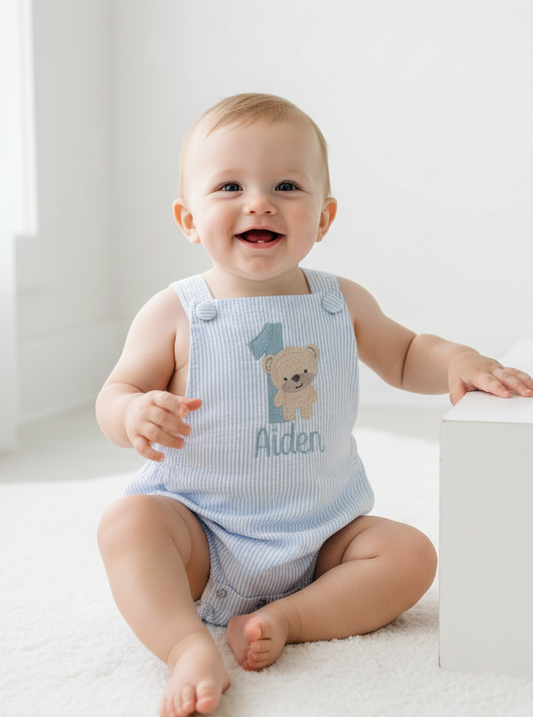Boys Blue Seersucker Embroidered First Birthday romper