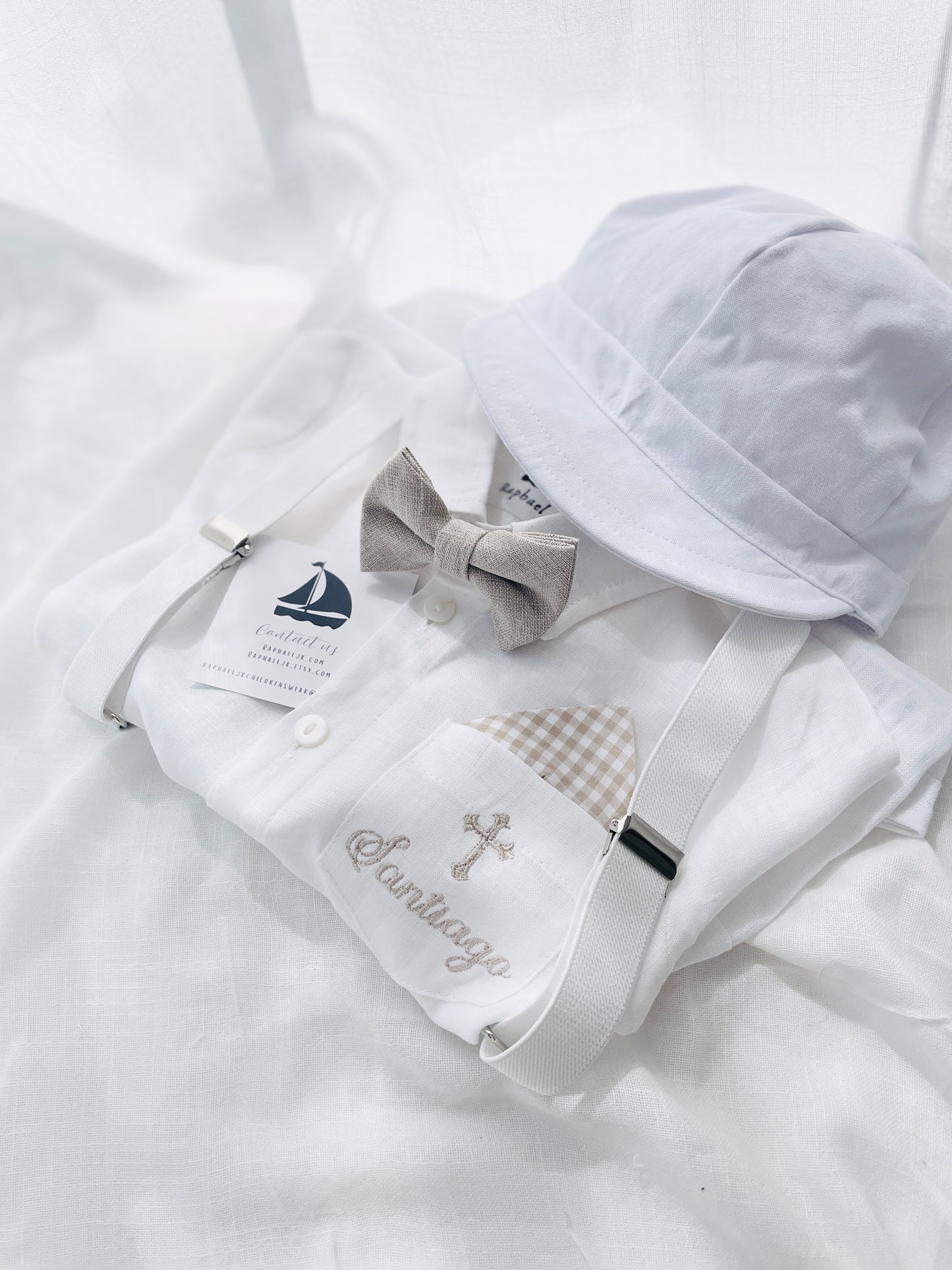 White linen Baptism suit set with pants, shirt, suspenders and bowtie plus optional extras