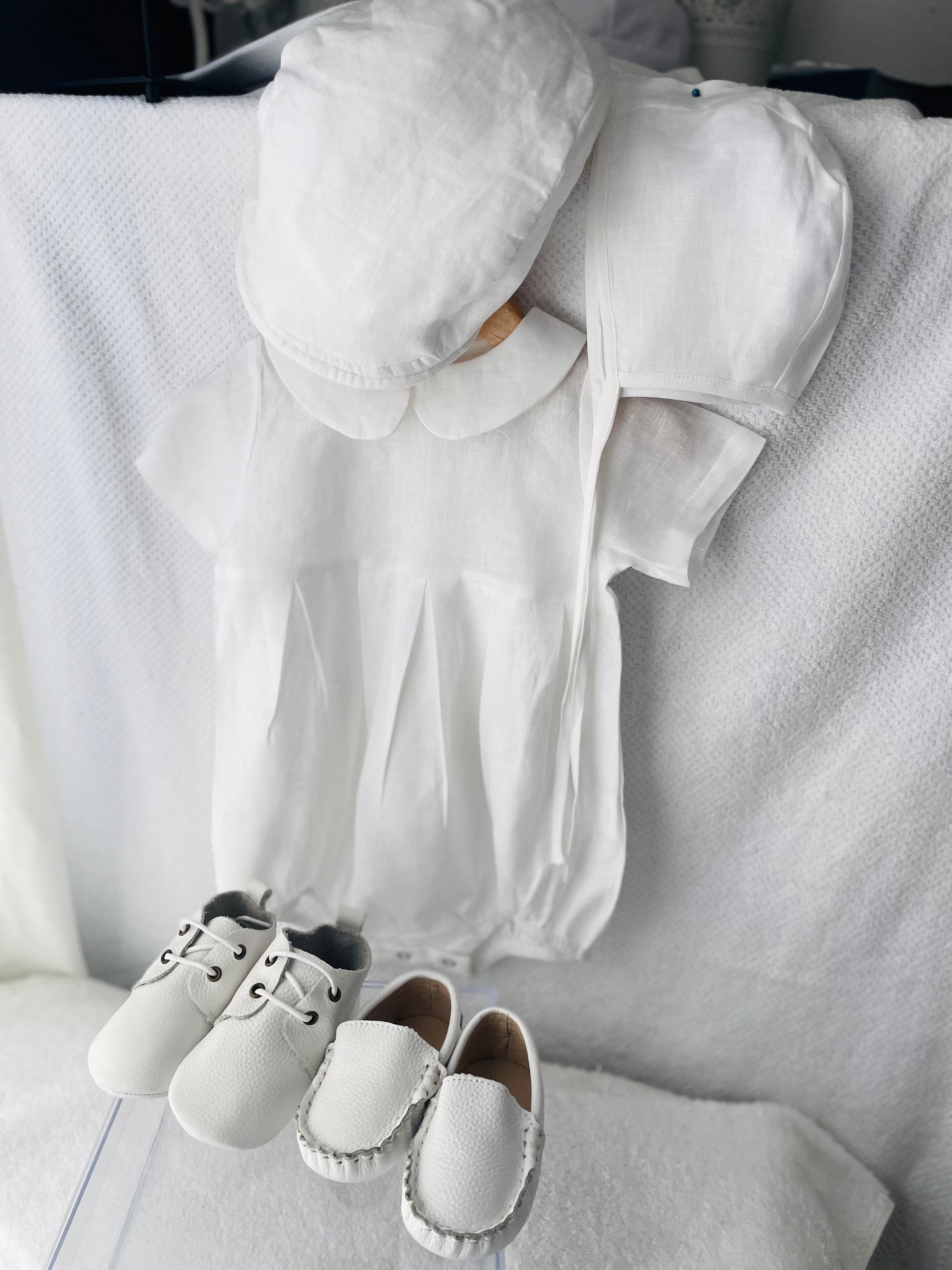 Linen Baptism peter pan collar romper outfit with optional embroidery customisation