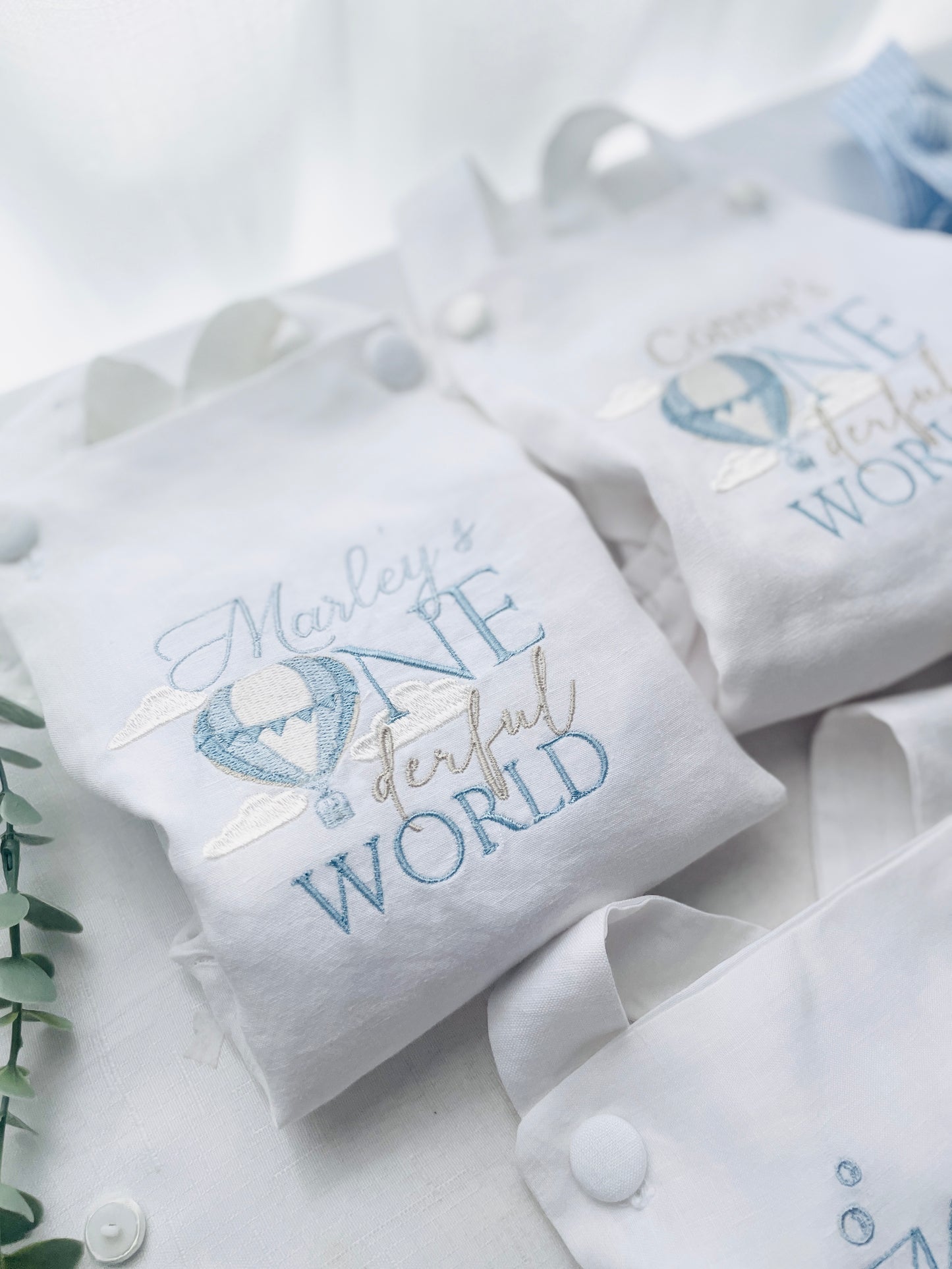 Boys White Linen romper first birthday overalls one silly goose onederful world oneder the sea and more