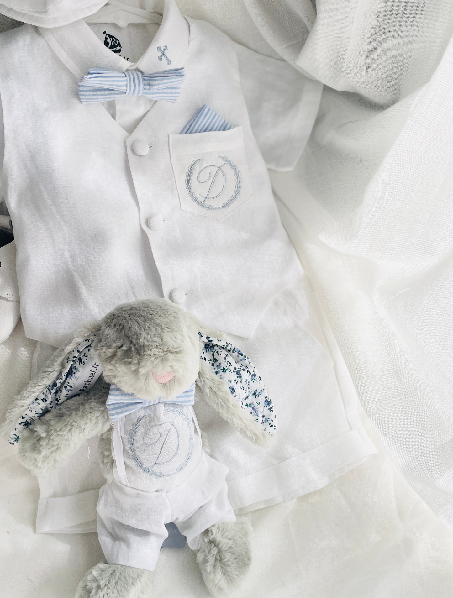 Baby and Toddler Boys white linen full length set with vest, shirt, pants, suspenders and bowtie plus optional blue blazer