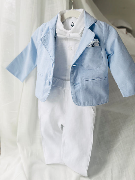 Blue chambray and white linen suit