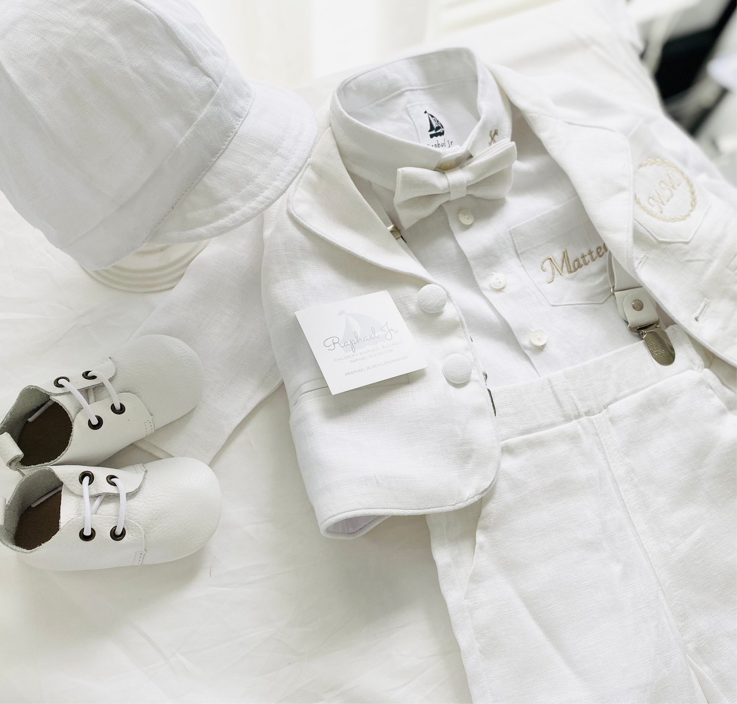 White linen Baptism suit set with pants, shirt, suspenders and bowtie plus optional extras