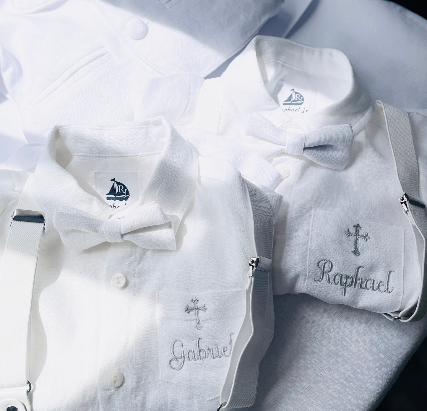 Baby and Toddler Boys white linen full length set with vest, shirt, pants, suspenders and bowtie