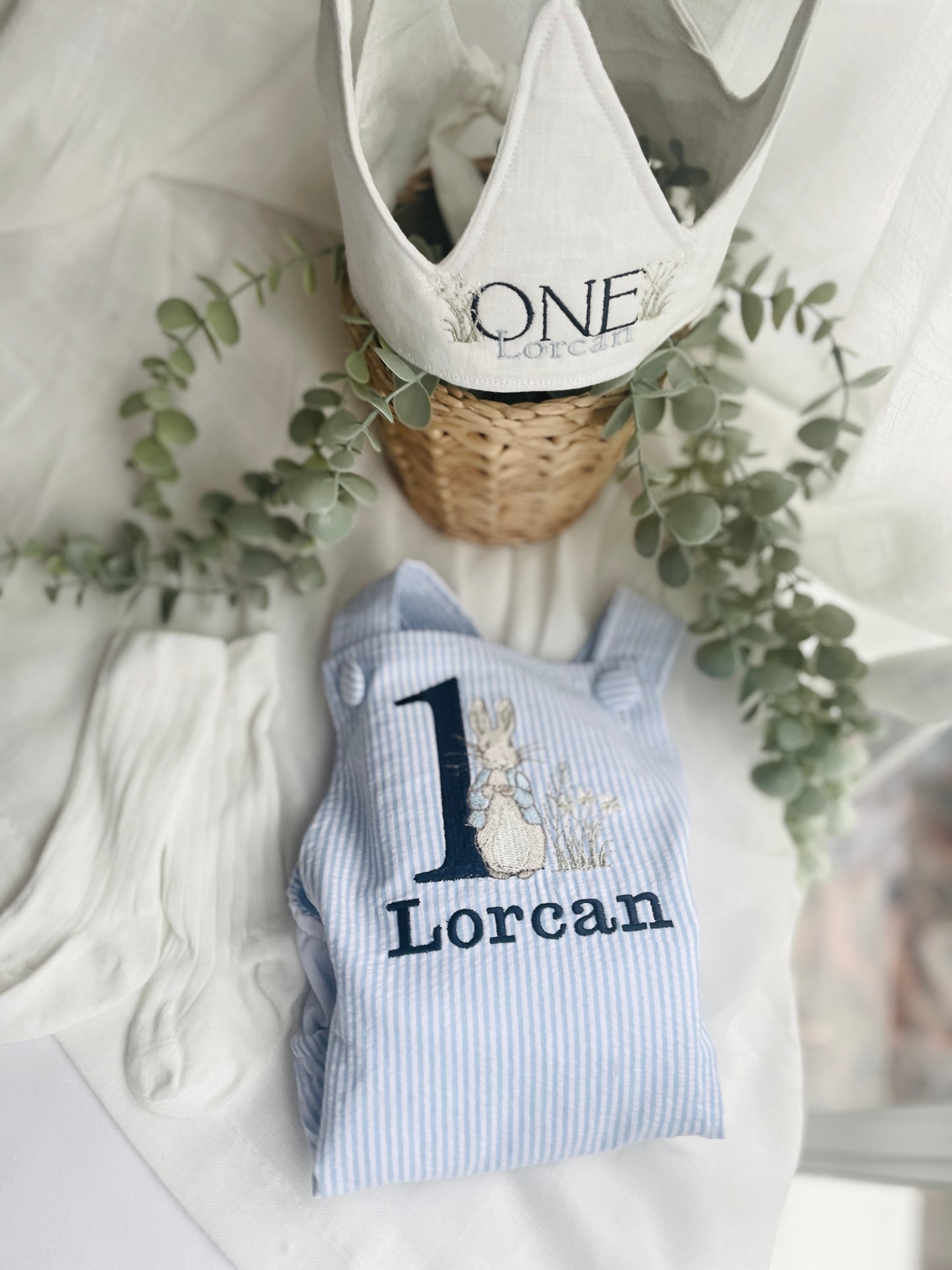 Boys Blue or white Birthday romper overalls Peter Rabbit