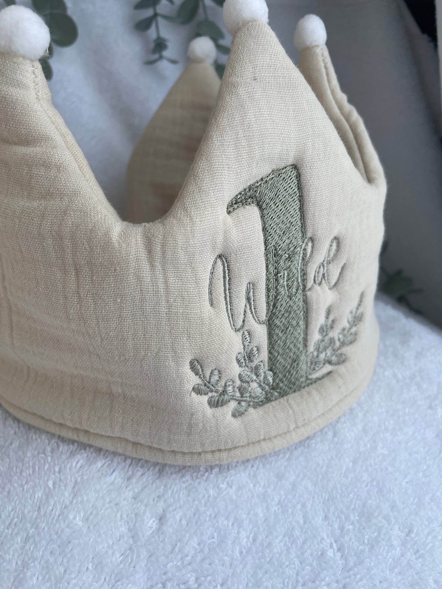 Beige or white Linen Birthday crown hat with embroidery