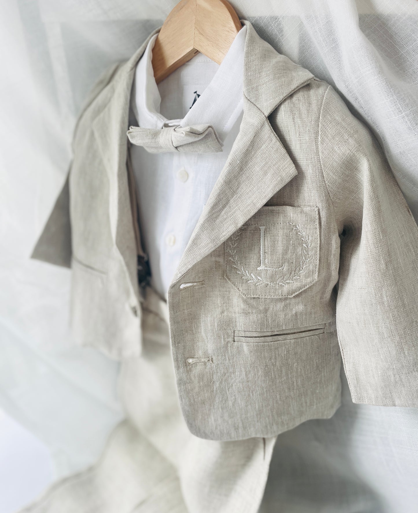 Beige linen baby and toddler boys formal baptism or wedding suit with accessories and optional personalisation