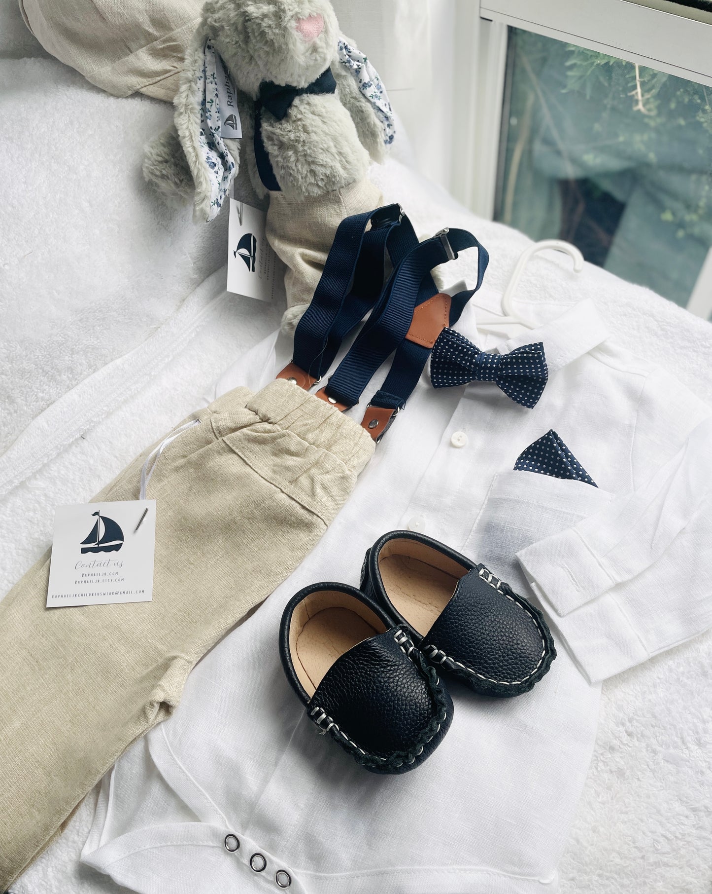 Navy blue linen suit with vest, pants, shirt, suspenders and bow tie plus optional jacket, embroidery, shoes and cap