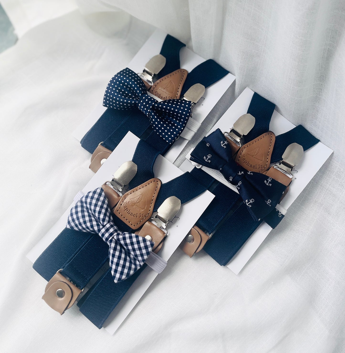 Navy blue linen suit with vest, pants, shirt, suspenders and bow tie plus optional jacket, embroidery, shoes and cap