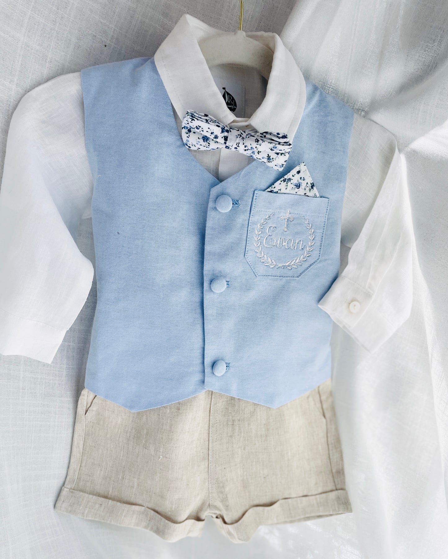 Baby and Toddler Boys pale blue and beige linen summer set with vest, shirt, shorts, suspenders and bowtie