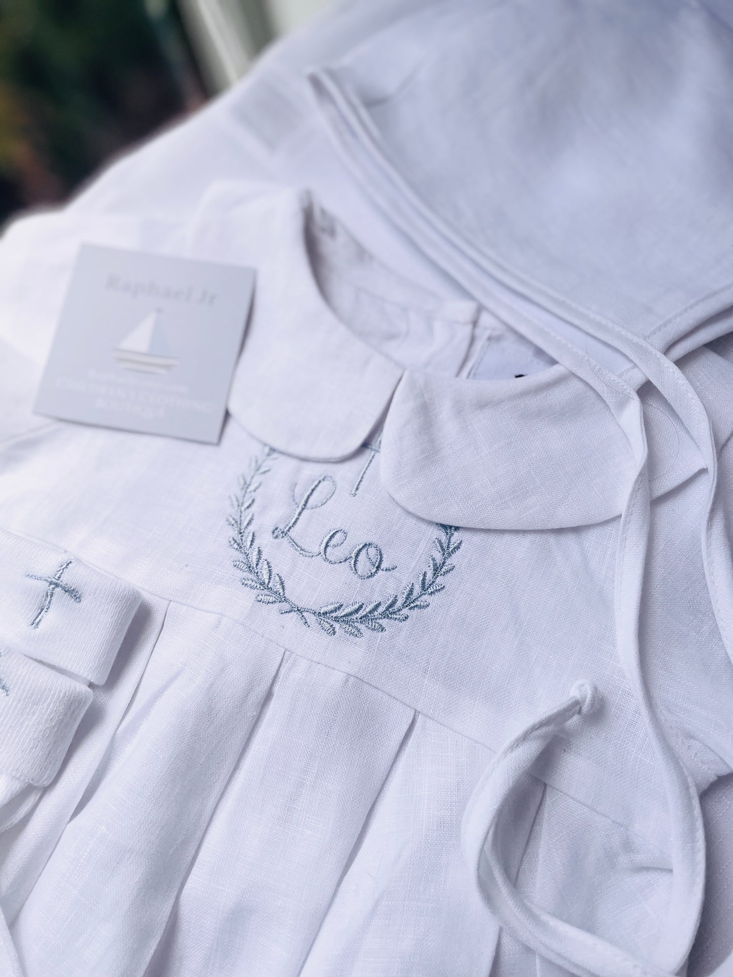 Linen Baptism romper short-all outfit with optional embroidery customisation