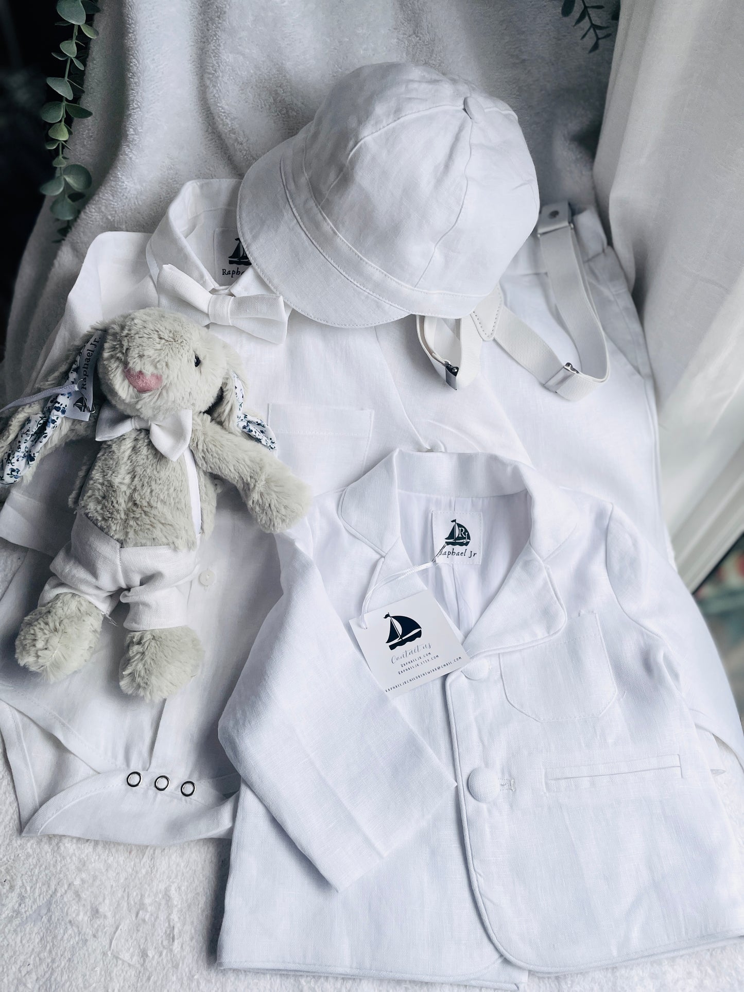White linen summer baptism set with shirt shorts suspenders bow tie and optional jacket