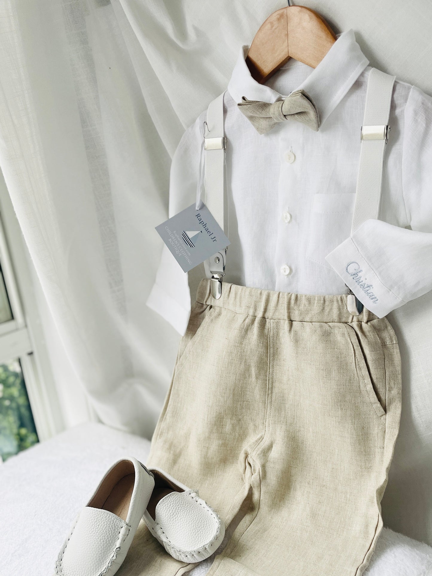 Beige linen suit with optional jacket, cap and shoes.