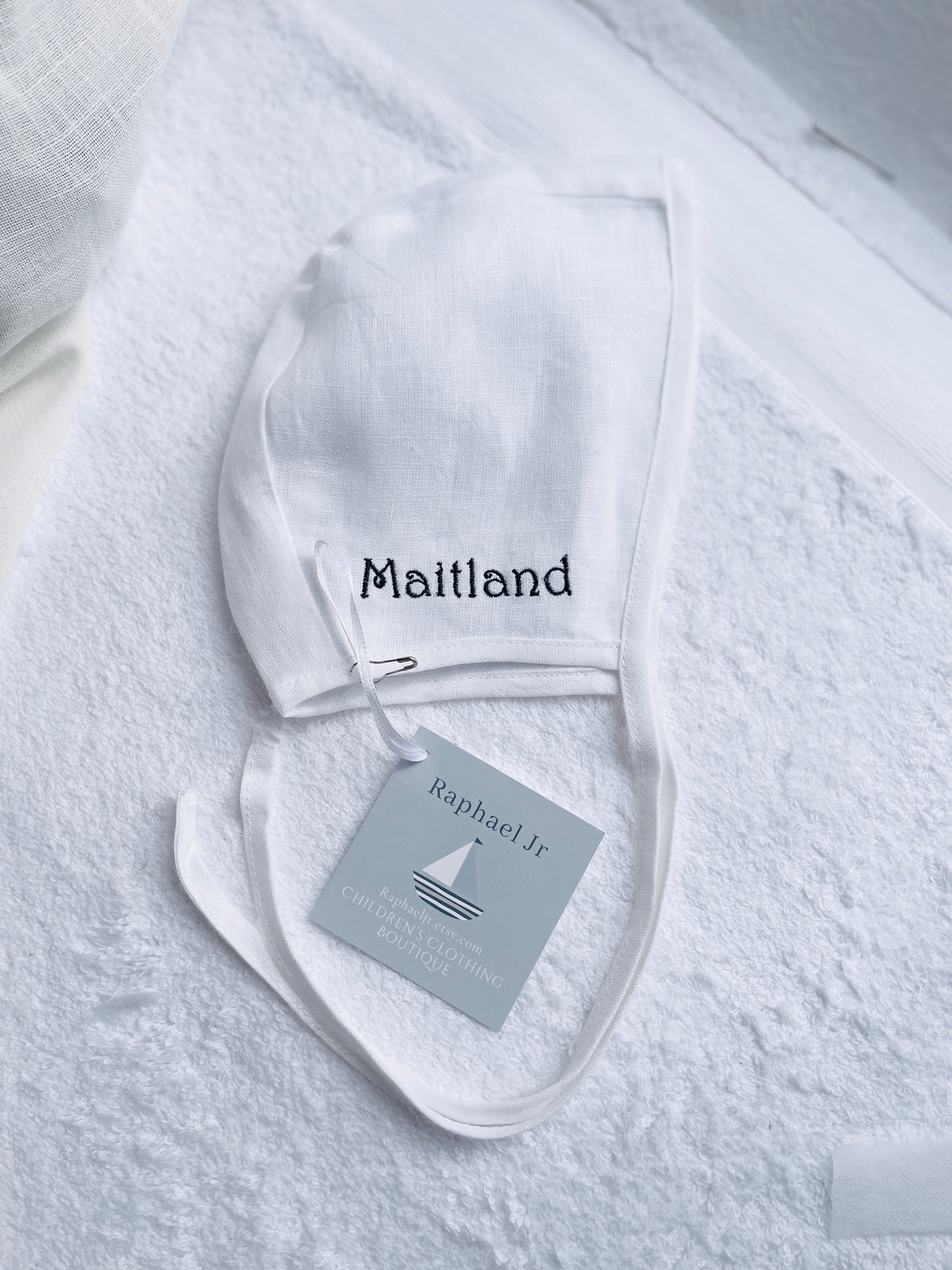 White linen baby bonnet for baptisms and christenings with optional embroidery