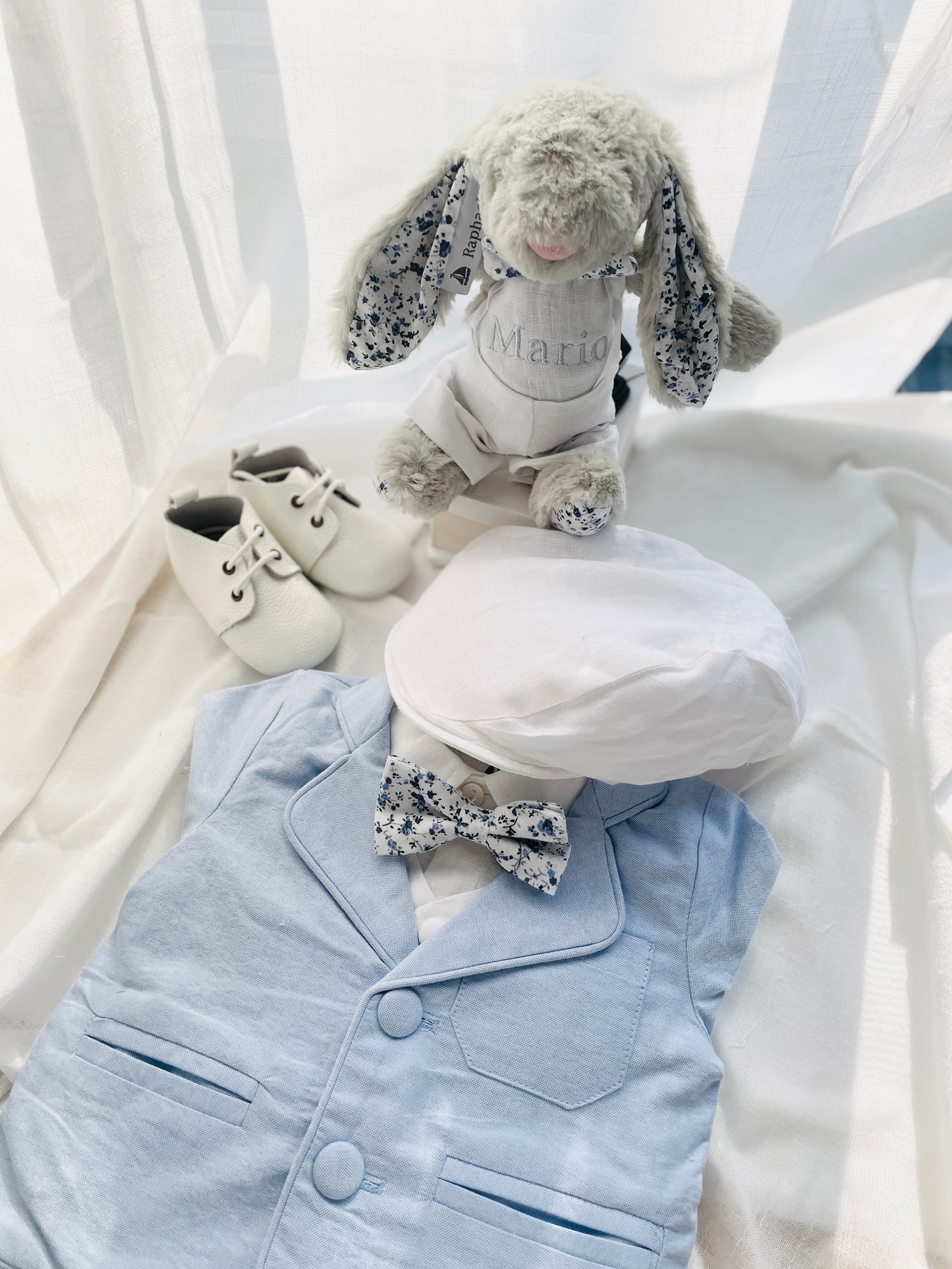 Baby and Toddler Boys pale blue chambray set with vest, pants, linen shirt, bowtie and suspenders, plus optional jacket cap and shoes