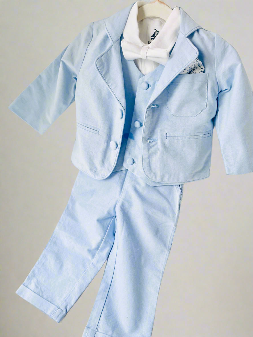 Baby and toddler boys pale blue chambray suit with blue vest, pants and jacket