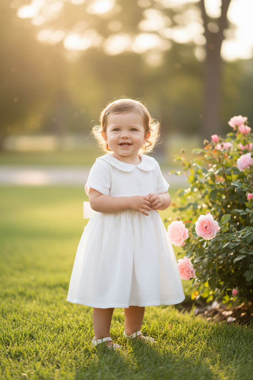 White Linen Baptism dress with detachable long skirt gown