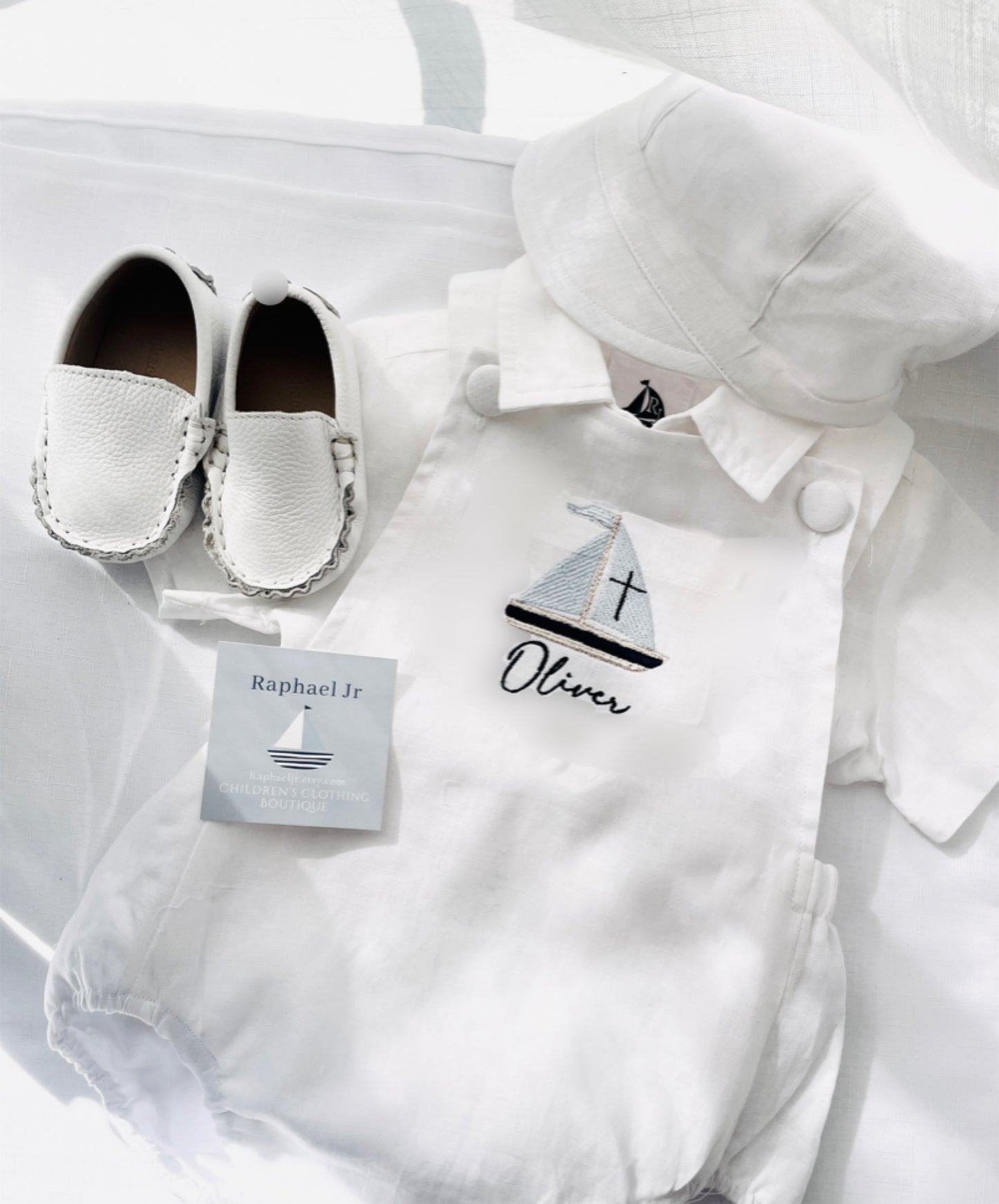 White linen Baptism romper overalls and linen shirt set