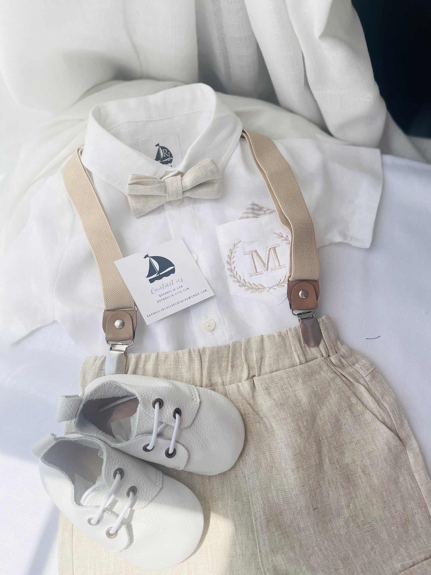 Baby and toddler boys beige linen full suit