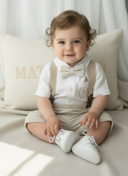 Beige Linen Baptism outfit with suspender shorts, shirt, and bow tie plus optional jacket and embroidery