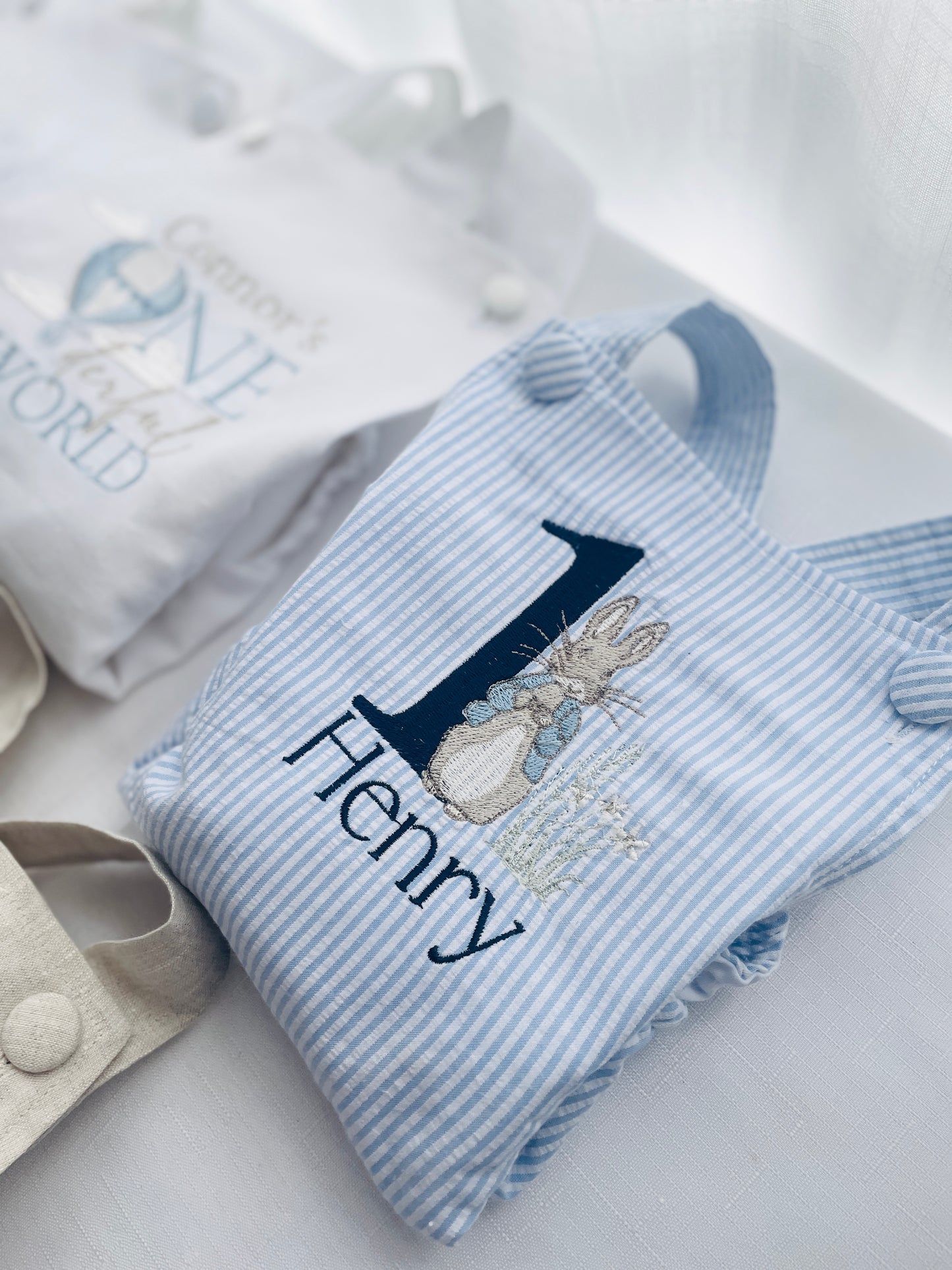 Boys Blue Seersucker Birthday romper overalls Peter Rabbit