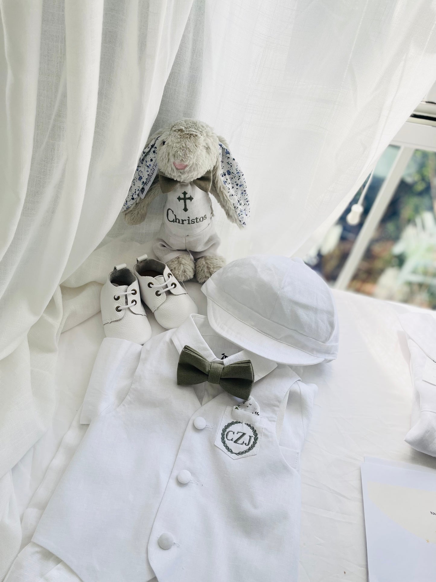 Baby and Toddler Boys white linen summer set with vest, shirt, shorts, suspenders and bowtie