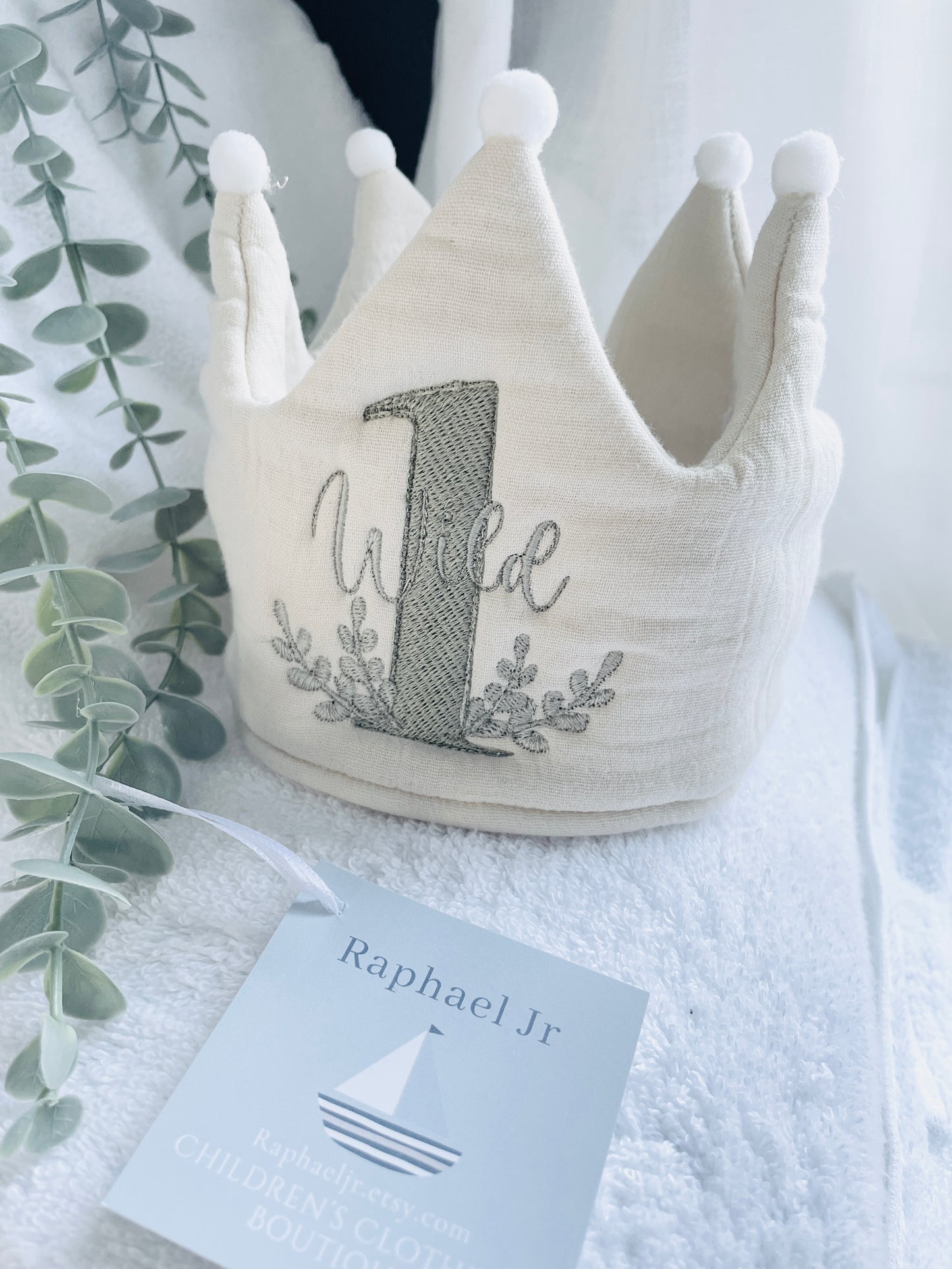 Beige or white Linen Birthday crown hat with embroidery