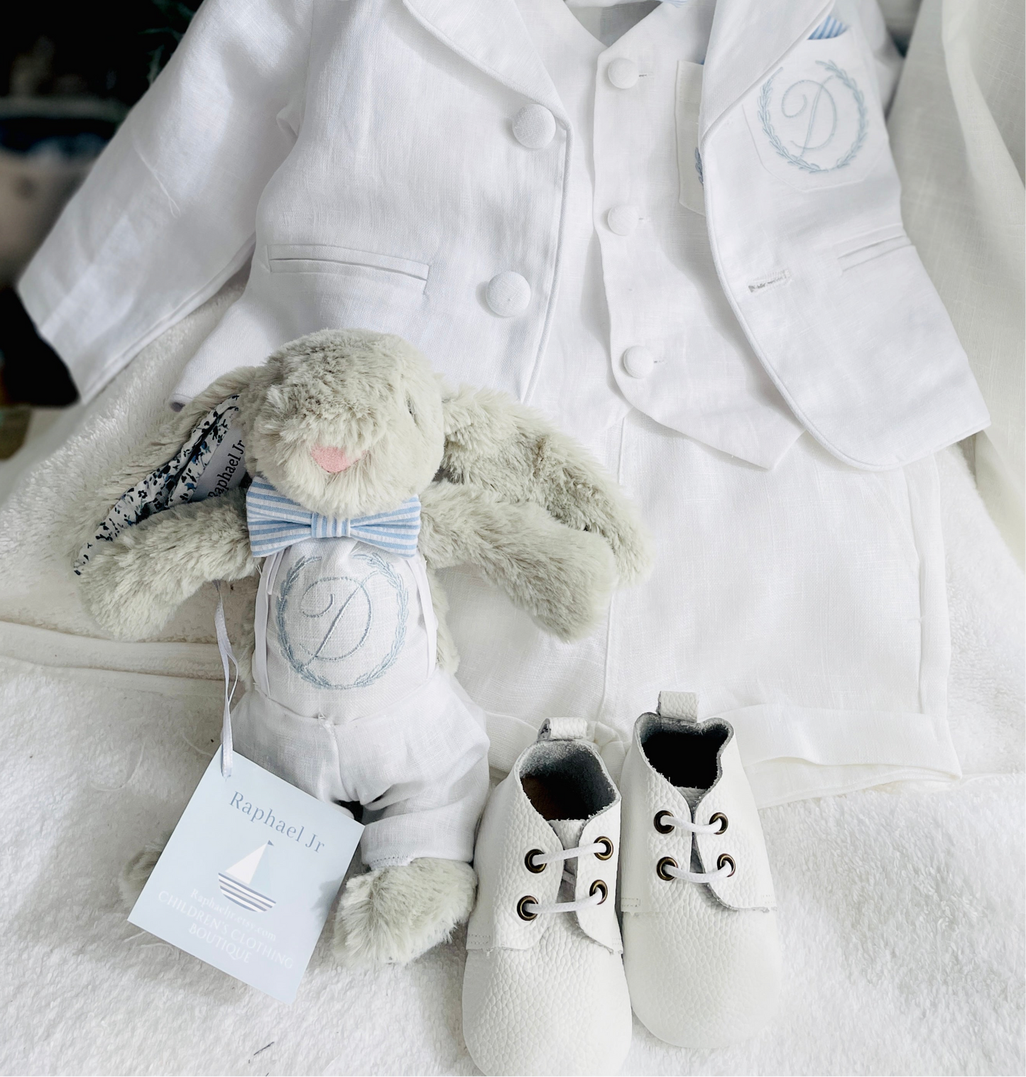 Baby and Toddler Boys white linen full length set with vest, shirt, pants, suspenders and bowtie plus optional blue blazer