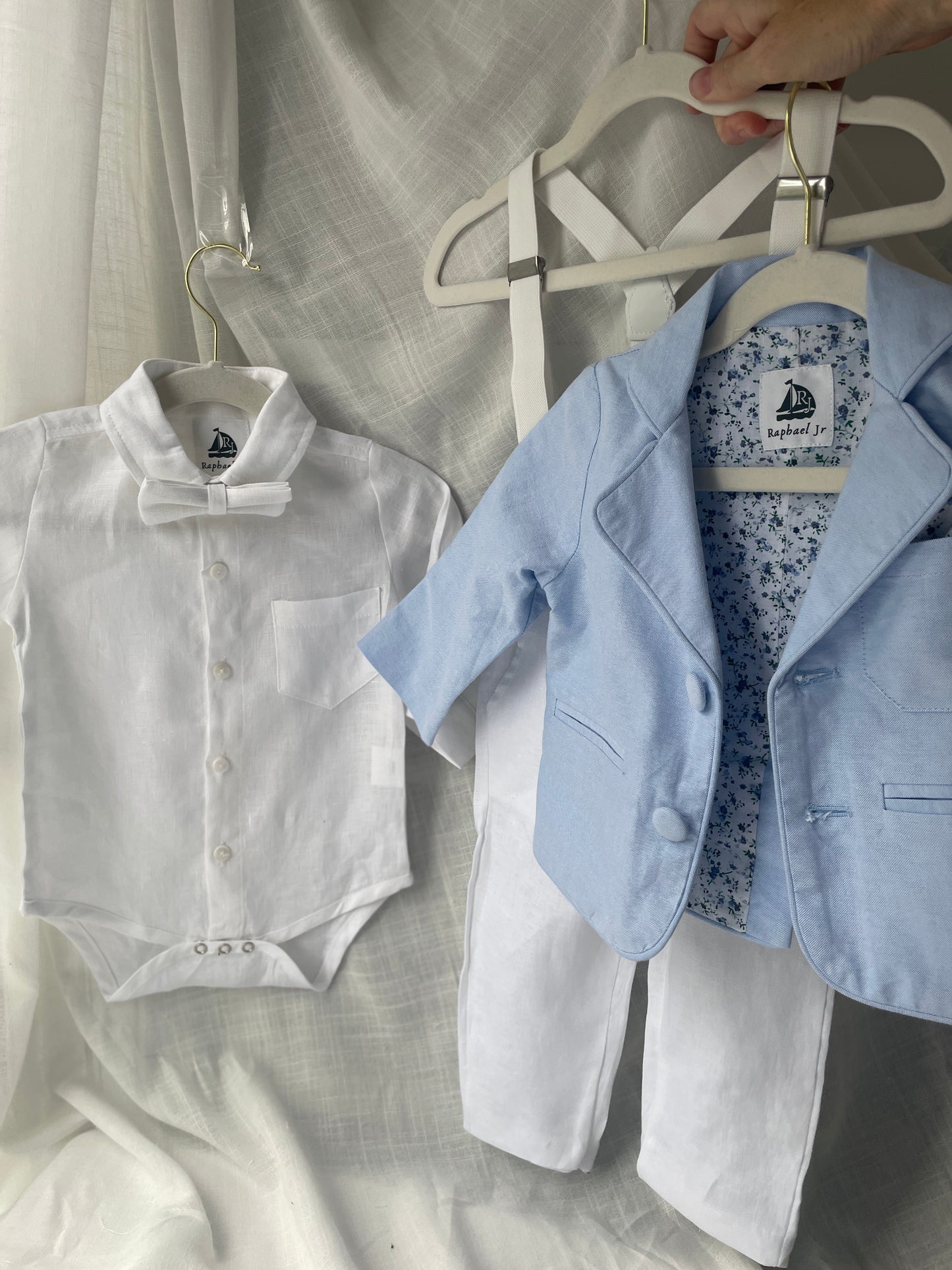 Baby and toddler boys pale blue chambray and and white linen full suit