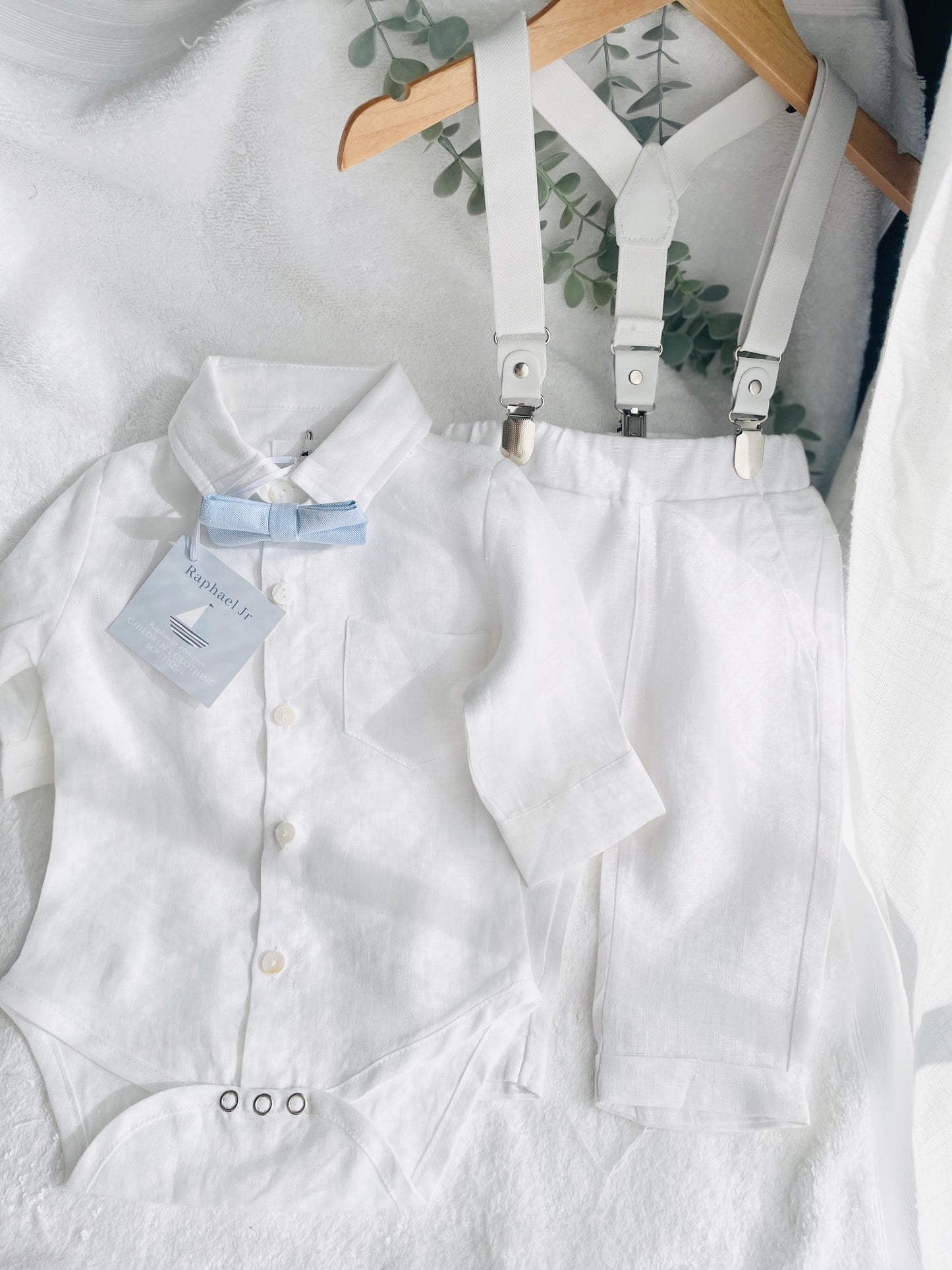 White linen Baptism suit set with pants, shirt, suspenders and bowtie plus optional extras
