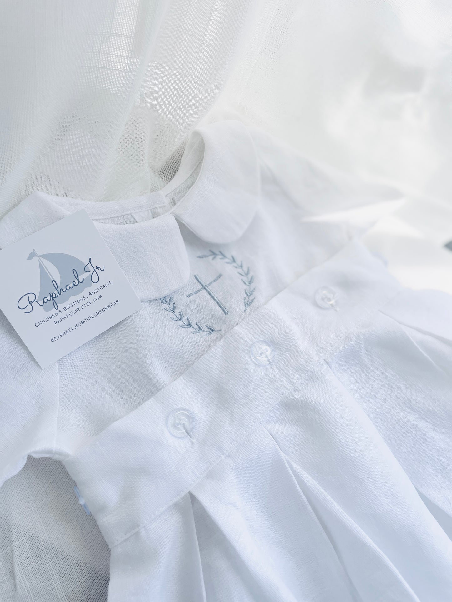 White Linen Baptism Gown romper with detachable skirt dress and optional embroidery