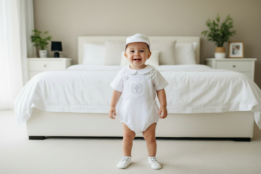 Baby white linen baptism romper overalls and blouse shirt set