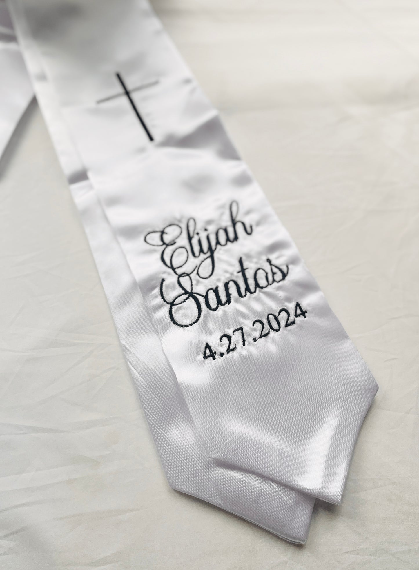 White satin children's sash stole for Baptisms 60in long