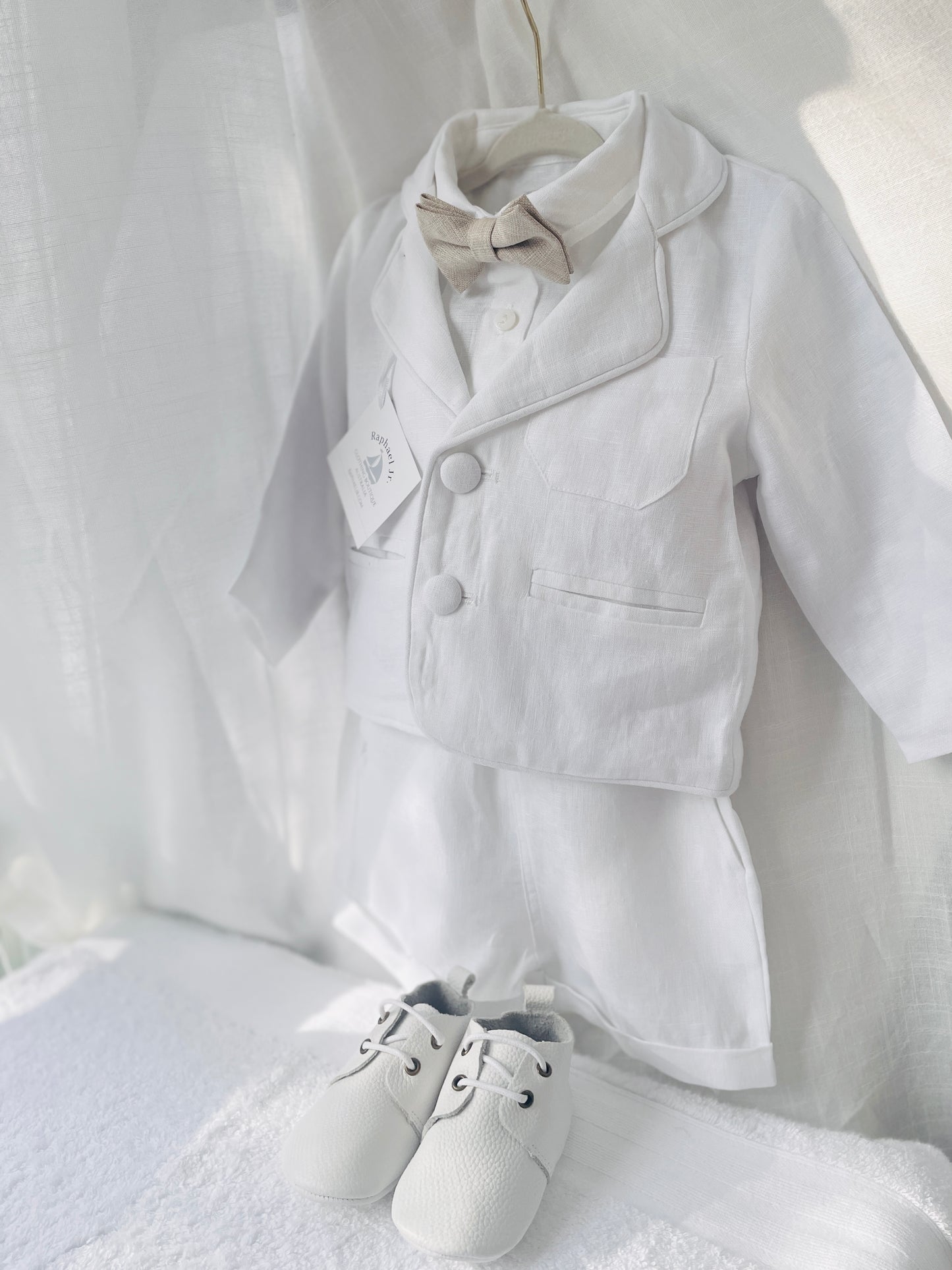 White linen summer baptism set with shirt shorts suspenders bow tie and optional jacket