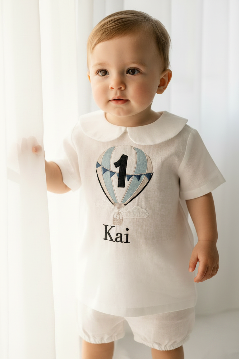 Baby and Toddler Boys white linen baptism outfit with bloomers and blouse shirt