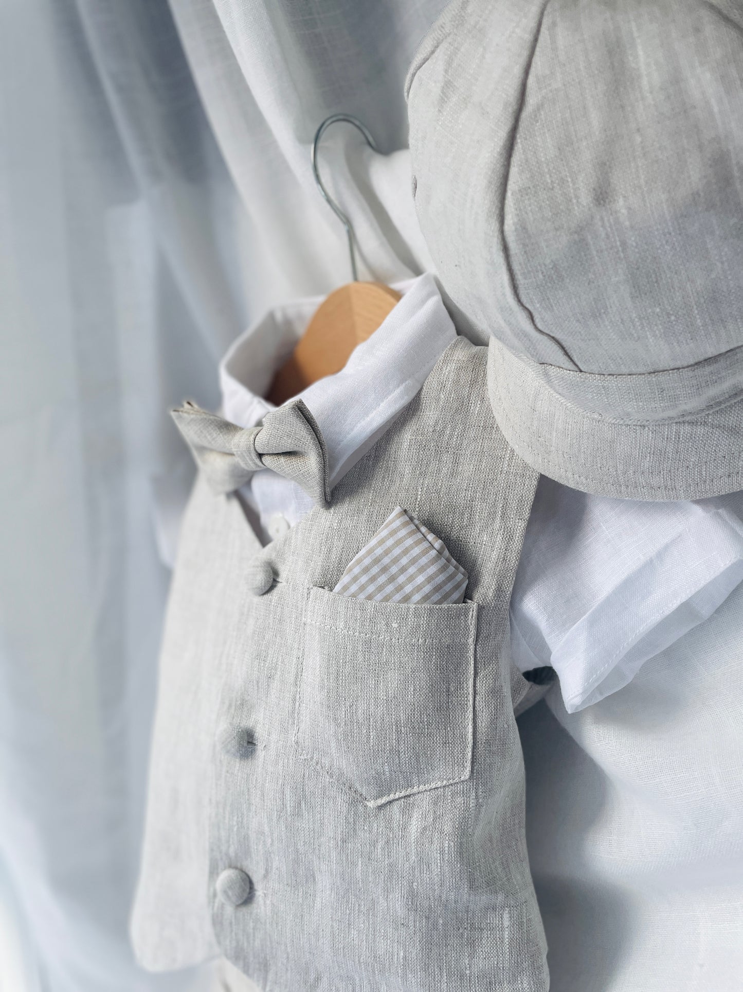 Beige Linen Shorts Shirt Suspenders and Vest set with Optional Cap Jacket and Embroidery