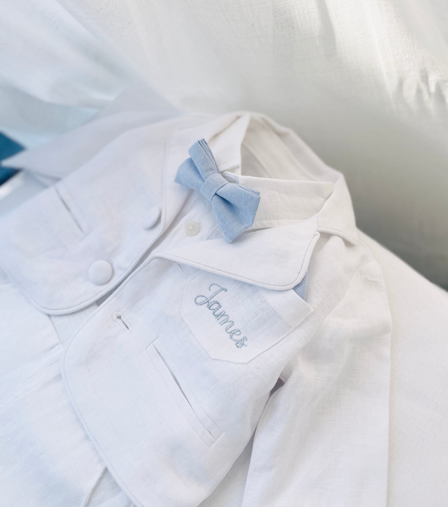 White linen Baptism suit set with pants, shirt, suspenders and bowtie plus optional extras