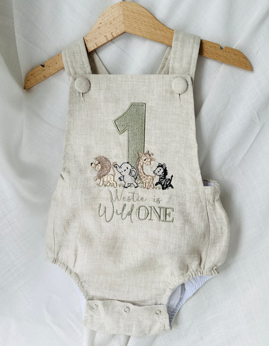 Boys Beige Linen First Birthday romper overalls wild one safari